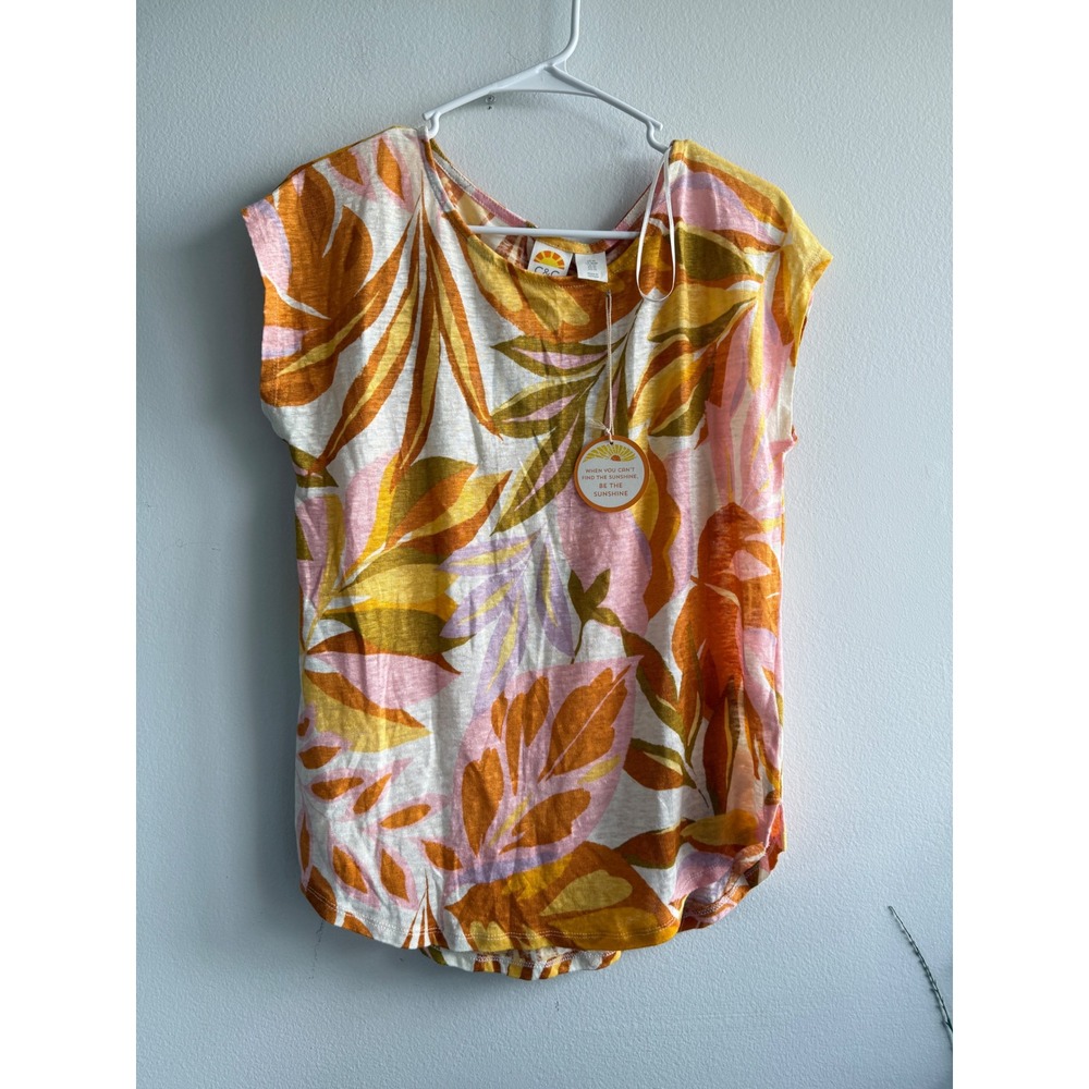 C&C California Womens 100% Linen Tropical Leaf Print Top Orange Pink Medium NWT